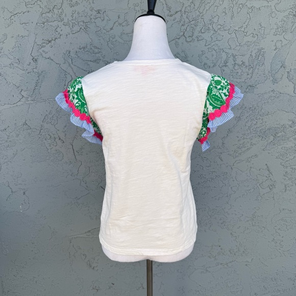 THML White Flutter Sleeve Top with Green Floral Blue Stripe and Pink Accents M - Picture 2 of 6